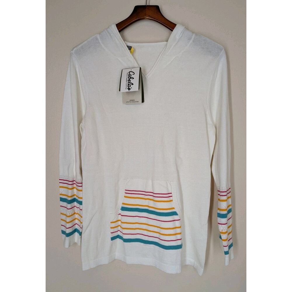 Cablas Womens Swester Medium Hooded Long Sleeve Ivory with Stripes & Eyelets NWT